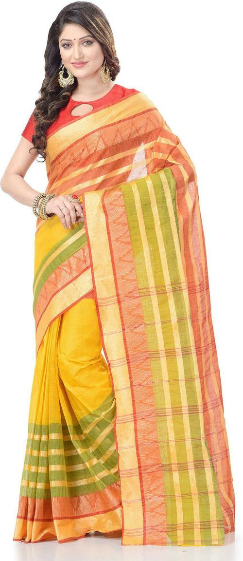 Desh Bidesh Women Yellow Pure Cotton Temple Border Saree