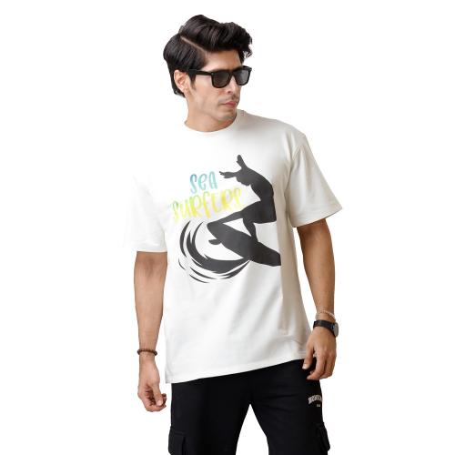 ADORN IN STYLE Men Printed Round Neck Pure Cotton White T-Shirt