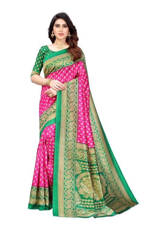 Rensilafab Womens Printed Art Silk Saree with Blouse Piece (Pink)