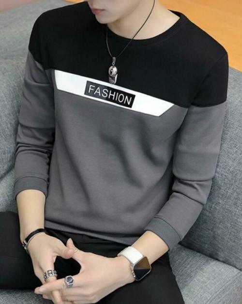 Quity Fashion Graphic Print Full Sleeve Round Neck T shirt Color block Pattern - GREY