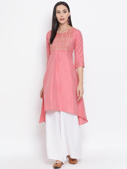 Span Women Pink Embroidered Cotton Silk A-Line Kurta - Na722