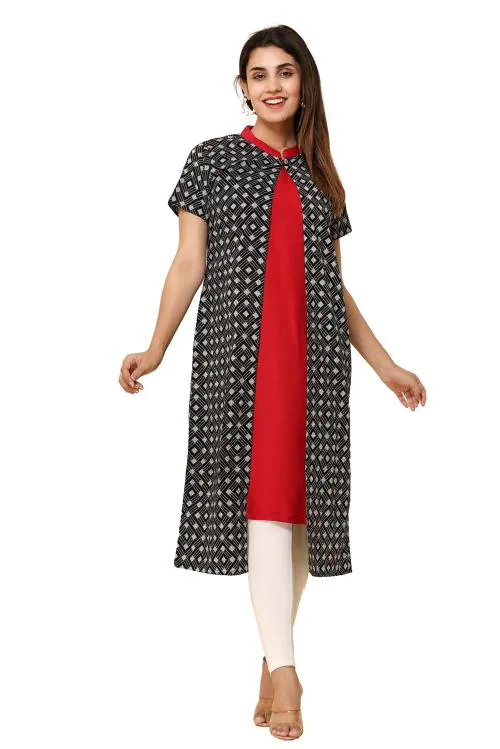 Ambararambh Women Red, Black Printed Viscose Kurti With Jacket