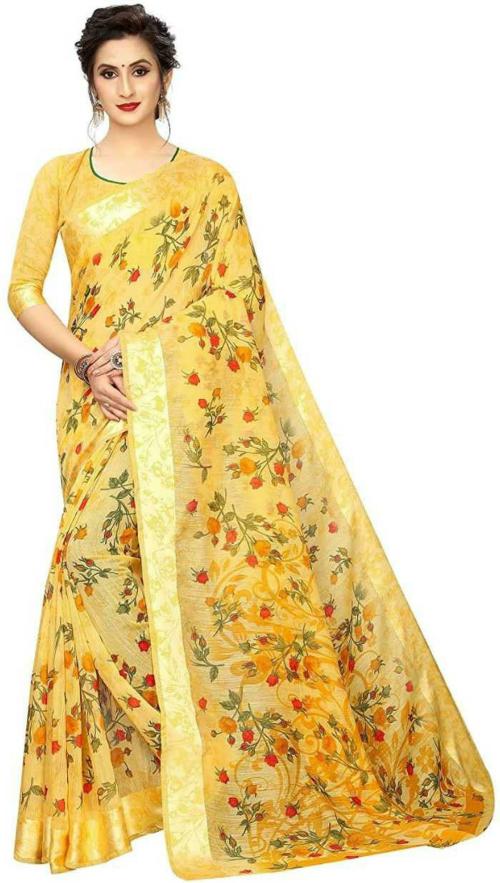 Rooptara Women Multicolor Cotton Jute Blend Printed Saree With Blouse Piece