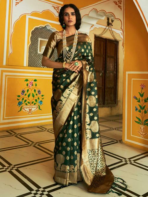Janasya Rashmika X Saji Saheli - Women's Dark Green Organza Woven Ethnic Motifs Saree