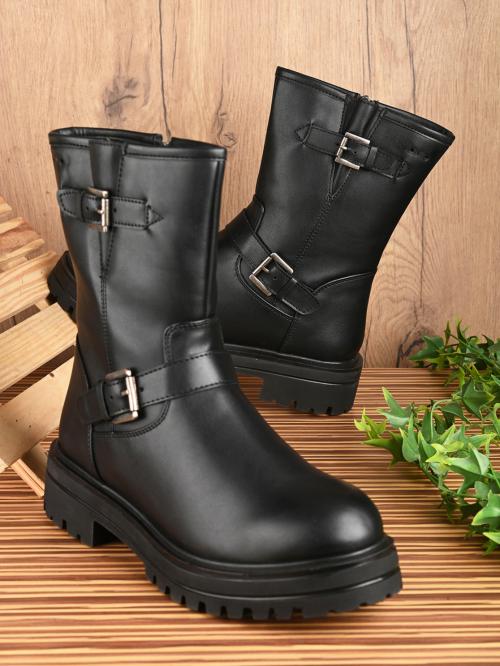Alleviater Casual Cum Partywear Man Made Leather Black Boots for Women & Girls