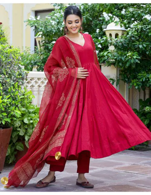 GoSriKi Damen Kurta Set - Besticktes Seidenmischgewebe Mit Hose & Dupatta