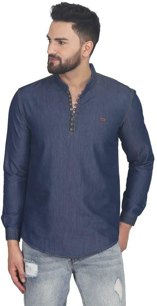 Primetwist Men Dark Blue Solid Denim Shirt (L)