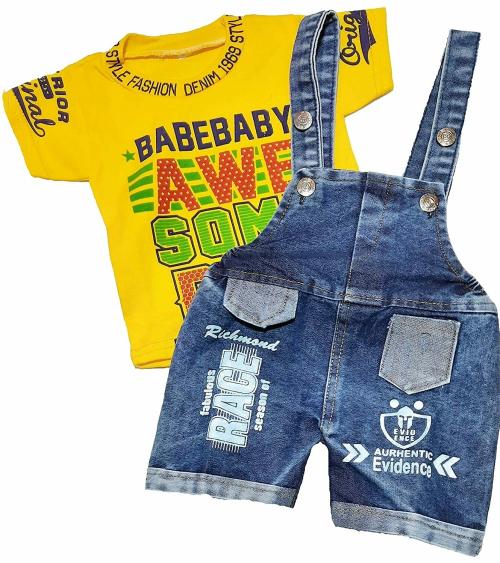 Zuvim Baby Boys & Baby Girls Denim Dungaree & T-Shirt Clothing Set (Yellow, 0-6 months)
