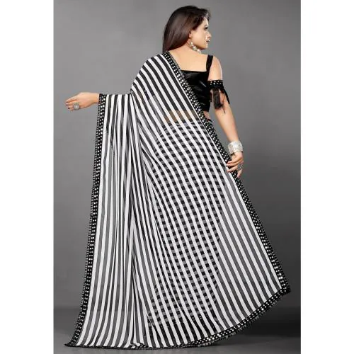 Marabout Women's Beautiful White And Black stripe Saree With Blouse