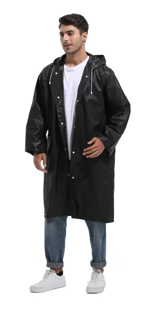 INFISPACE Men's Polyester Long RainCoat Pocho with Adjustable Cap and BLACK Color Raincoat