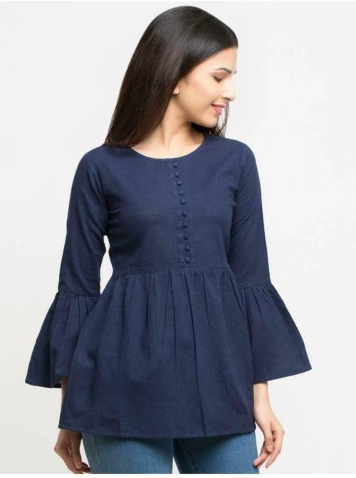 Shirak Serving Princess Women Navy Blue Solid Cotton Blend Peplum Top