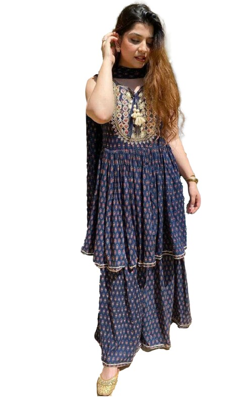 Clickedia Womens Fully Stitched Rayon Printed Peplum Kurti with embroidery and gota patti Sharara and Dupatta Jaipuri Salwar Suit-M