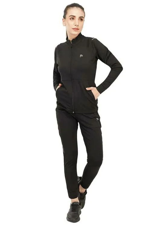 mark & jones Women Black Solid Polyester Lycra Running Tracksuit (M)