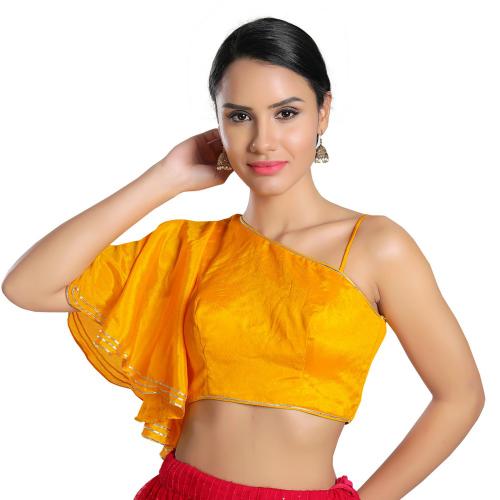 Buy Salwar Studio Women's Mustard Chiffon Readymade Saree Blouse Online