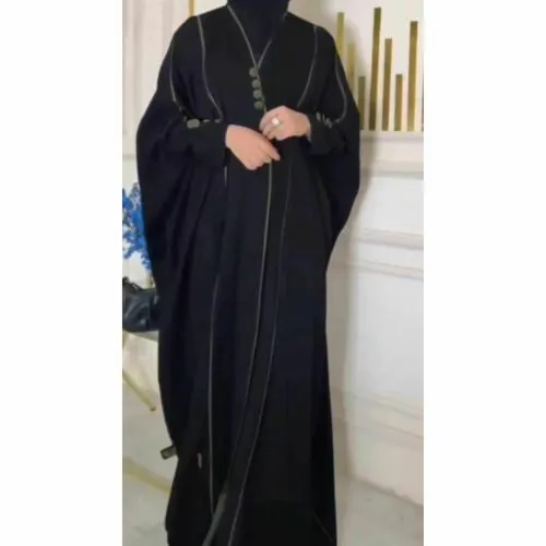 OVAIS ABAYA COLLECTION Imported Front Open Piping Abaya With Buttons ( BLACK TO GREEN L )