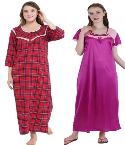 BEAUTY CRAZE Women's Cotton Check Print Nightgown And Satin Maxy Nighty Combo (Pack Of 2)