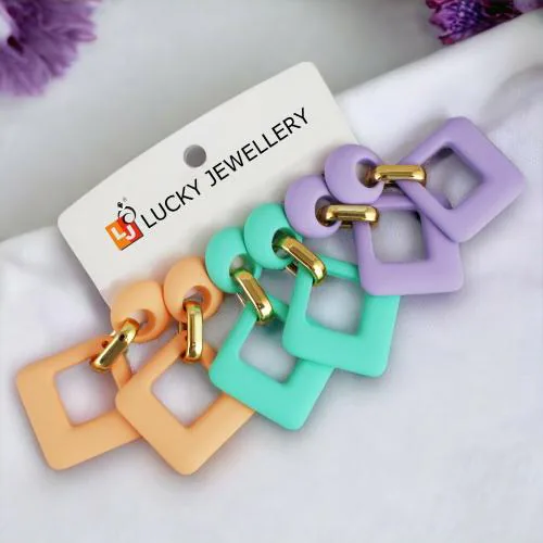 LUCKY JEWELLERY Fashion 3 Pairs Combo Set Of Latest Earrings Trendy Stylish Multi Color Earing Chain Link Square Shaped Geometric Dangle Earring for Women & Girls (275-CHEX-1014-3)