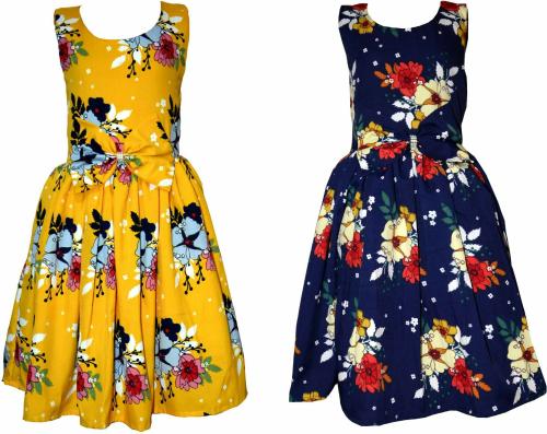 HUNOOR Baby Girls Yellow Printed and Blue Printed Floral Print Crepe, Cotton Linen Pack of 2 Fit and Flare Dress