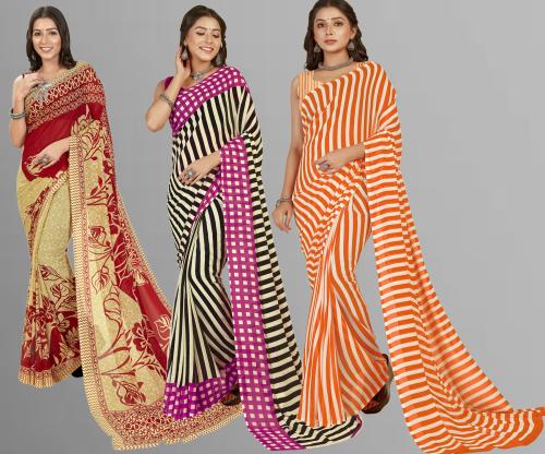 Kashvi Women Multicolor7 Self Design Georgette Pack of 3 Saree With Blouse Piece