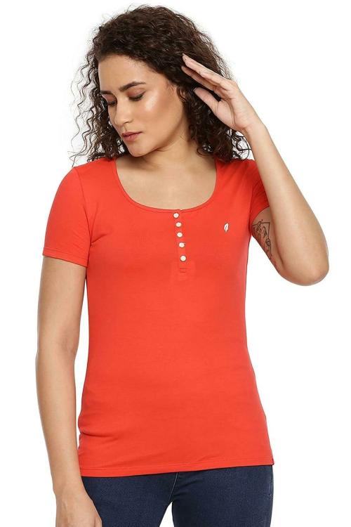 Feather Soft Women Saffron Red Solid Viscose T-Shirts, S