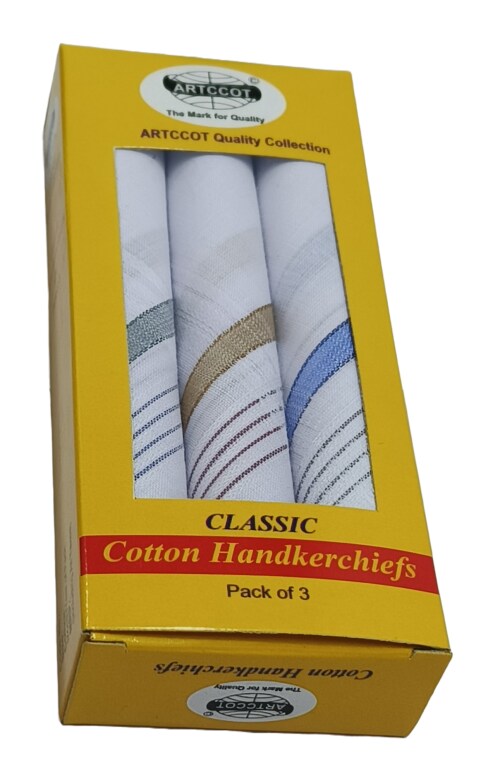 ARTCCOT SUPER SAVER BOX Hanky |42 x 42 cms |3-Pcs (WC) Design | Men's Cotton Handkerchief