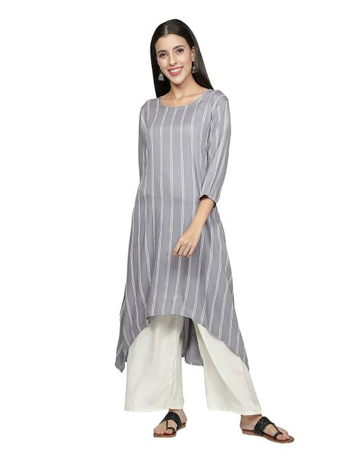 Fabclub Women Grey Rayon Striped Kurti (L)