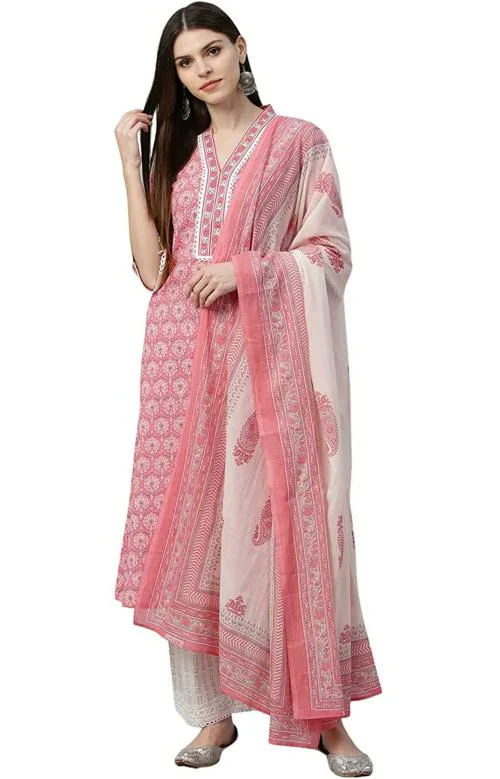 Rytras Women's Rayon Printed Straight Kurti with Palazzos and Dupatta set(Pink& White,M)