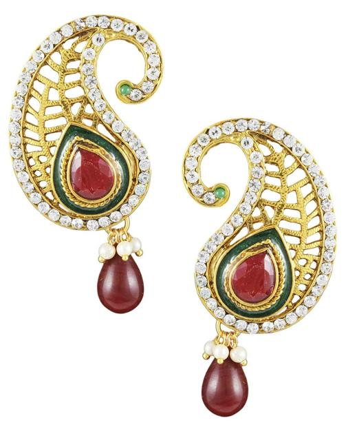 Karatcart Copper 22K Gold Plated Copper Red Stone Dangle Earrings For Women