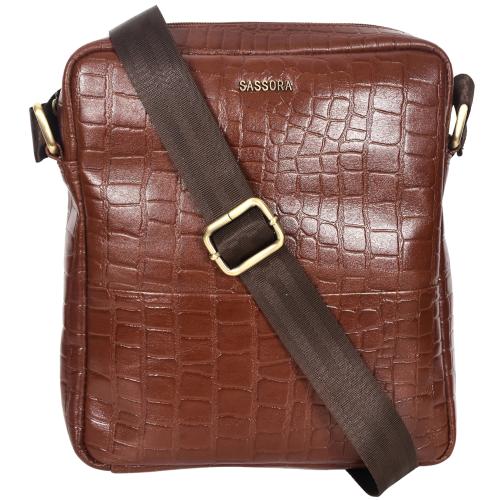 Sassora Sling Bag Genuine Leather Unisex Nickel Metal Fittings Crossbody Bag (Tan)