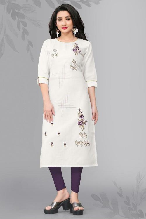 EYELLA Women White Embroidered Pure Cotton Straight Kurta