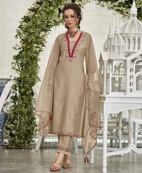 MOJILAA Women's Bronze Viscose Silk Embroidered Kurta With Pant & Dupatta