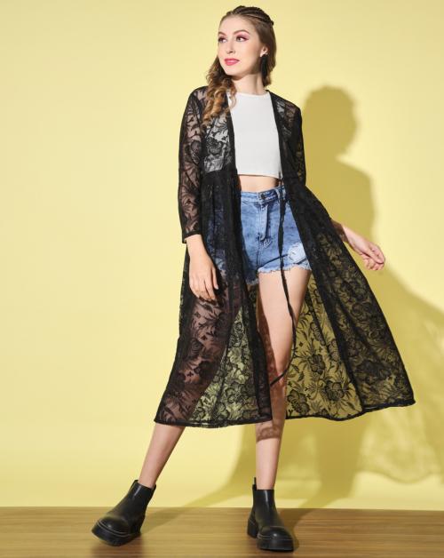 BuyNewTrend Black Women Long Net Shrug