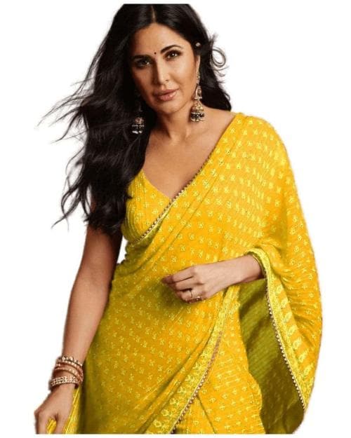 Sidhidata Women's Crochet Sequence Embroidered Georgette Saree With Unstitched Blouse Piece (Katrina Kaif Saree) Yellow
