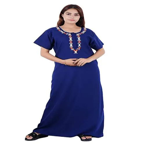 Kawam Women's Nylon Nighty | Printed Maxi Length Night Dress | Ladies Nightwear - Blue