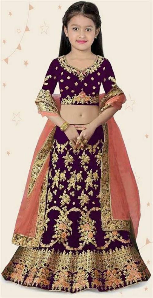 DIZVU Baby Girls Purple Embroidered Satin Ghagra, Choli and Dupatta Set 15-16 Y
