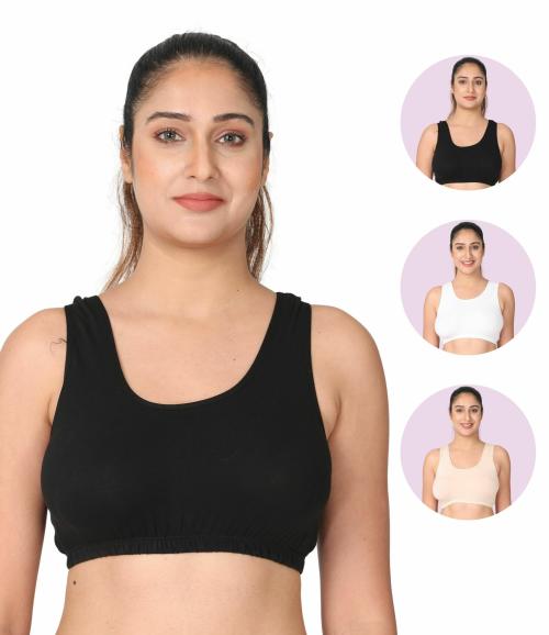 Adira | Soft Cotton Sleep Bra | Slip On Bras To Wear At Home Comfortable | Work From Home Bra Without Hooks | Non Padded & Non Wired Support | Plus Size | Pack Of 2 | Black, White & Skin | 7XL