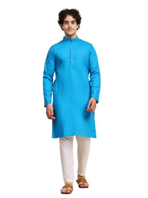 SKAVIJ Men's Tunic Cotton Kurta Pajama Indian Yoga Casual Dress Set (Large, Turquoise)