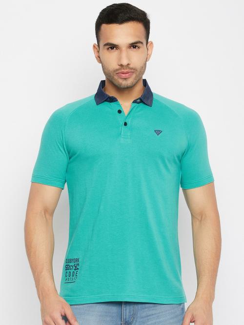 Club York Men Turquoise Blue Half Sleeve Solid Polo Collar T-Shirt