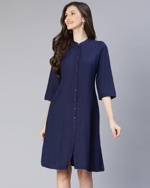 Fresh dark blue women casual button down dress JioMart