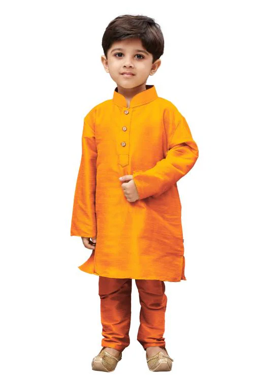 Vastramay Boys' Saffron Silk Blend Kurta Pyjama Set