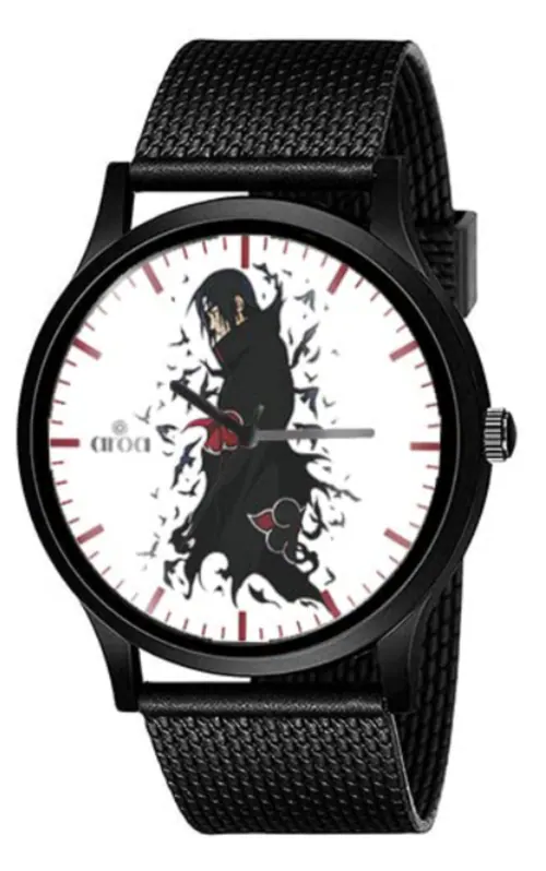 AROA Watch New Watch for Men Uchiha Itachi Side Pose Black Metal Type Rubber Analog Watch White Dial for Men Stylish Watch for Boys