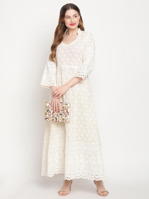 Queenley Women's White Cotton Chikankari Ankle Length Anarkali Kurti