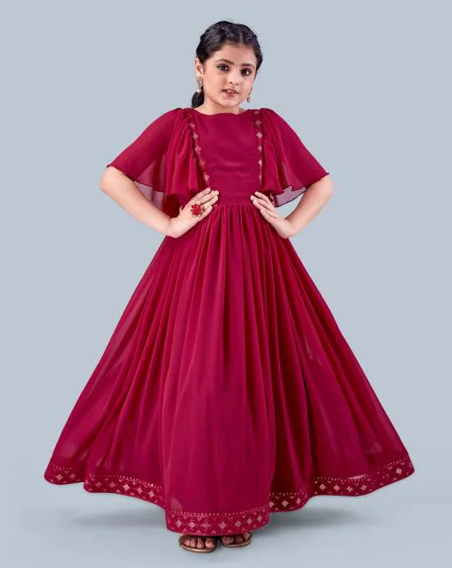 Fashion Dream Girls Pink Embroidered Georgette Pack Of 1 Dress | Dresses | Kids Wear | Girls Dress | Kids Dress | Dress | Dresses For Girls | Maxi Dress | Kids Girls Dress