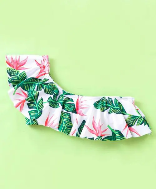 KIDLINGSS One Shoulder Tropical Flowers & Leaves Printed Two Piece Swimsuit - White & Green