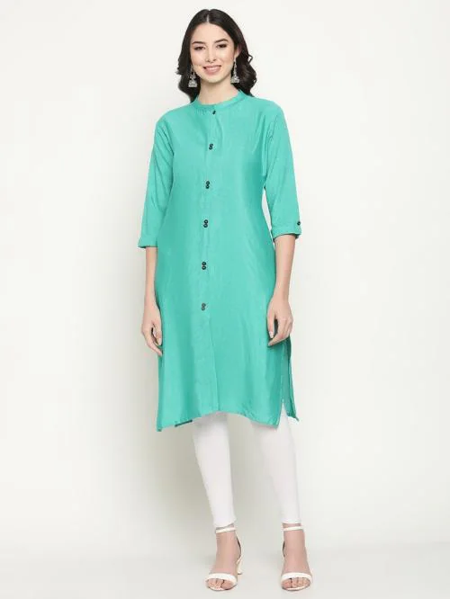 Queenley Women's Sea-Green Cotton Straight Knee Length Kurti