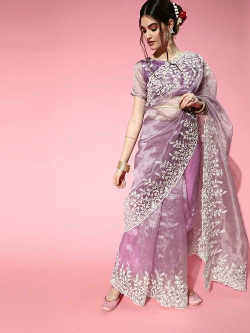 Tikhi Imli Mauve Organza Embroidered Saree With Swarovski Crystals as decoratives.