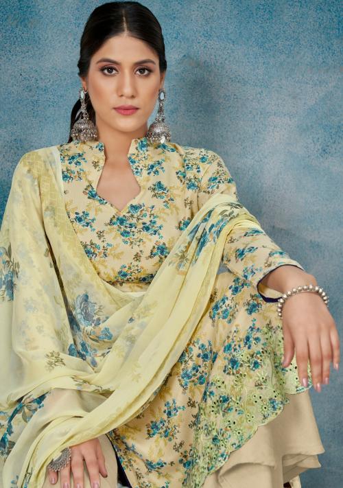 THE JAZZBAAT Unstitched Printed Embroidery Work Cotton Salwar Suits Dress Material with Chiffon Dupatta Unstitched Dress Material For Women (Cream) (CHarChar_5)