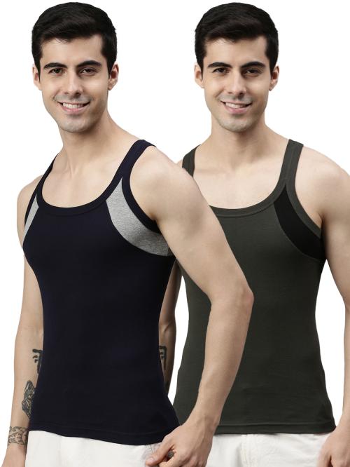 Lux Cozi navy Blue and Olive Cotton Blend Gym Vest Pack of 2
