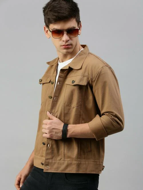 VOXATI Beige Men Denim Biker Jacket