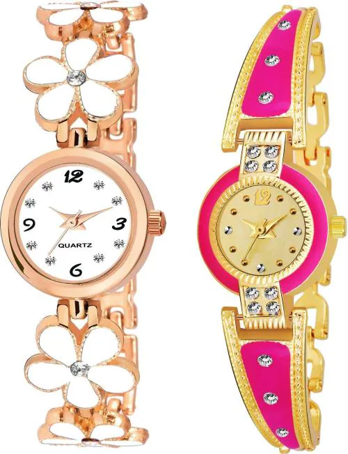 TRUE COLORS Analog White, Gold Dial White Strap Watch for Women (Pack of 2)
